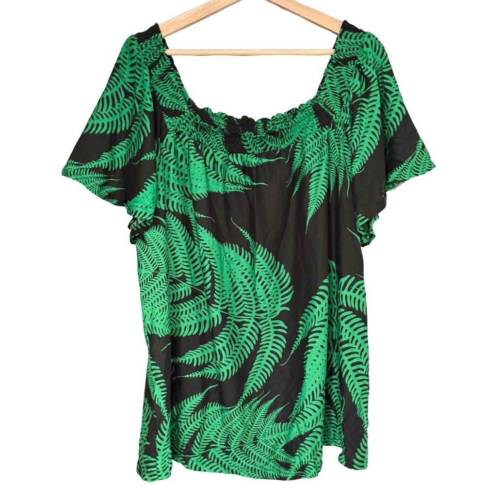 Hula Bay Green Black Tropical Palm Print Smocked Off Shoulder Top Large L-13